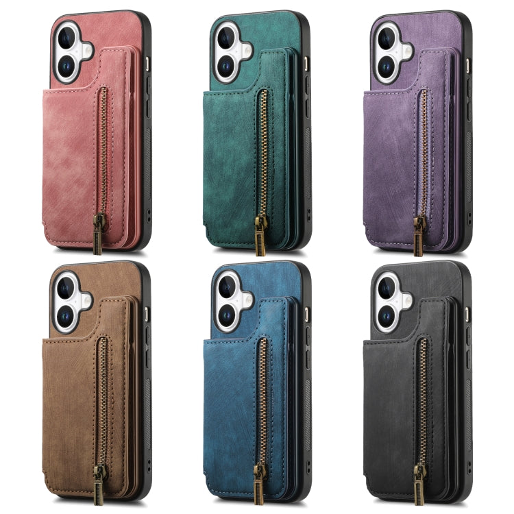 For iPhone 16e Retro Leather Zipper Wallet Back Phone Case(Green)