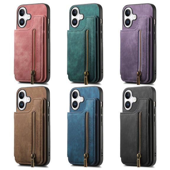 For iPhone 16e Retro Leather Zipper Wallet Back Phone Case(Green)