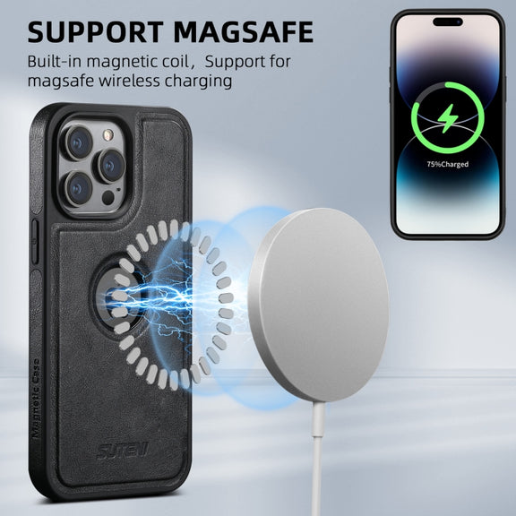 For iPhone 16 Plus Suteni G1 Magsafe Leather Back Phone Case(Black)