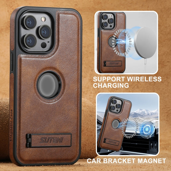 For iPhone 16 Pro Suteni G2 Magsafe Oil Wax Leather Back Phone Case with Holder(Brown)