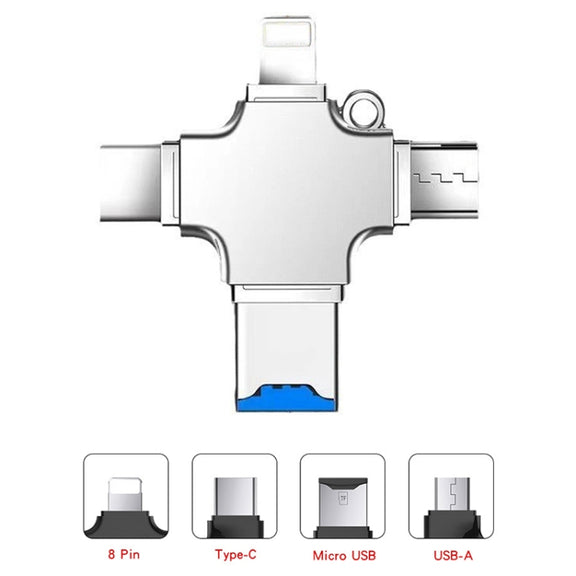 4 in 1 USB-C / Type-C  USB 2.0 + Micro USB + 8 Pin Adapter TF Card Reader, Memory Card:16GB(Sliver)