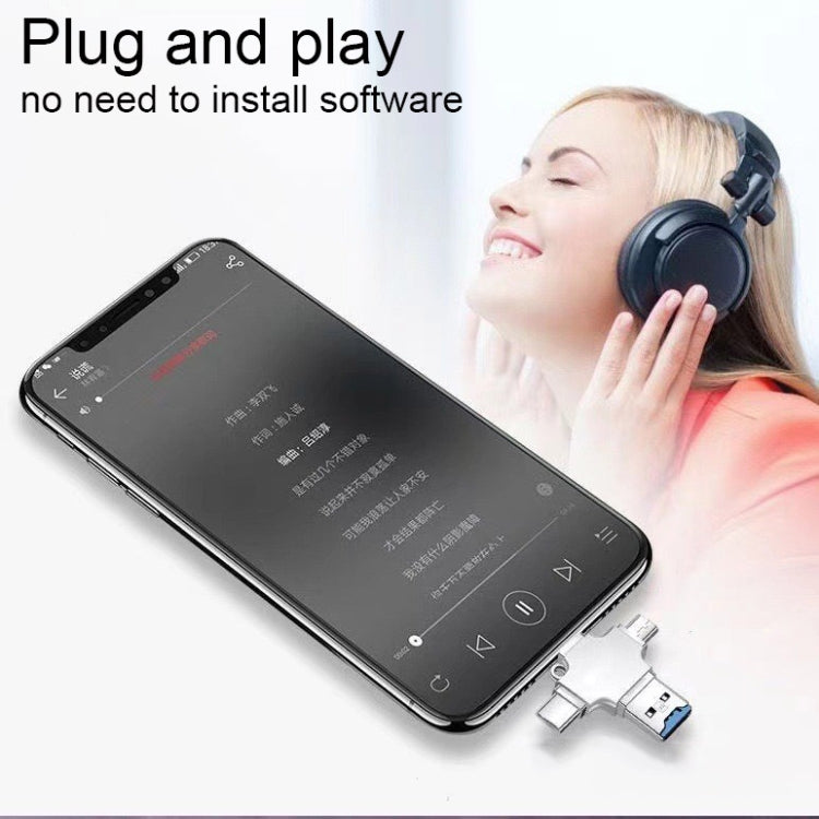 4 in 1 USB-C / Type-C  USB 2.0 + Micro USB + 8 Pin Adapter TF Card Reader, Memory Card:16GB(Sliver)
