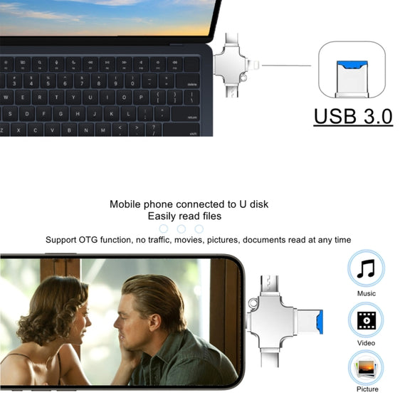 4 in 1 USB-C / Type-C  USB 2.0 + Micro USB + 8 Pin Adapter TF Card Reader, Memory Card:16GB(Sliver)