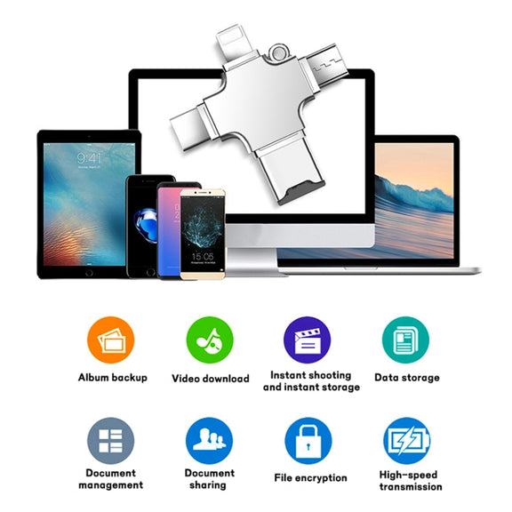 4 in 1 USB-C / Type-C  USB 2.0 + Micro USB + 8 Pin Adapter TF Card Reader, Memory Card:16GB(Sliver)