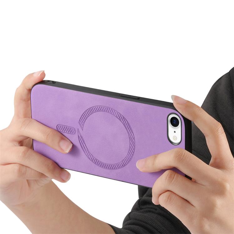 For iPhone 16e Solid Color Retro Magsafe PU Back Cover Phone Case(Purple)