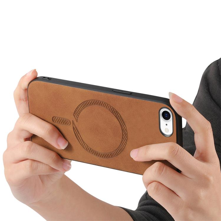 For iPhone 16e Solid Color Retro Magsafe PU Back Cover Phone Case(Brown)