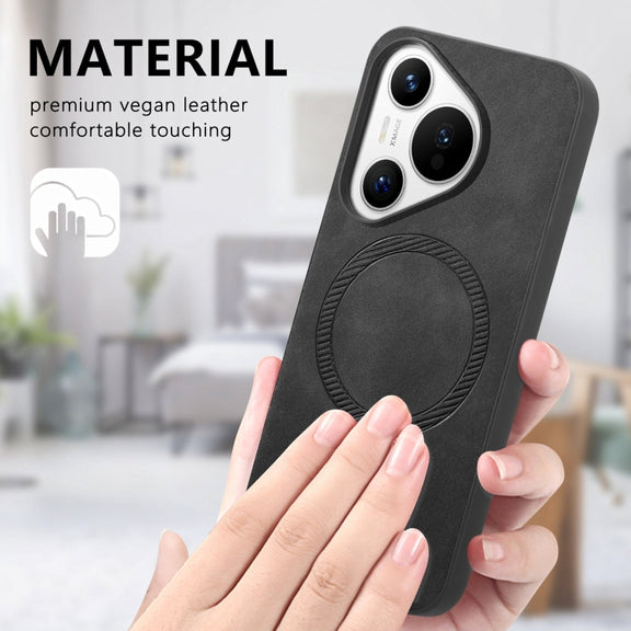 For Huawei Pura 70 Pro+ Solid Color Retro Magsafe PU Back Cover Phone Case(Black)