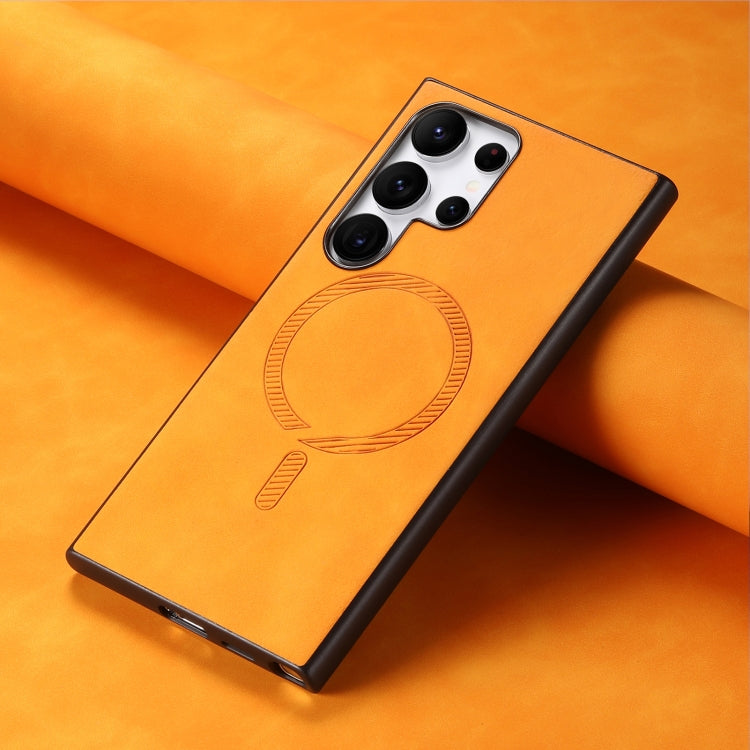 For Samsung Galaxy S25 5G Solid Color Retro Magsafe PU Back Cover Phone Case(Yellow)