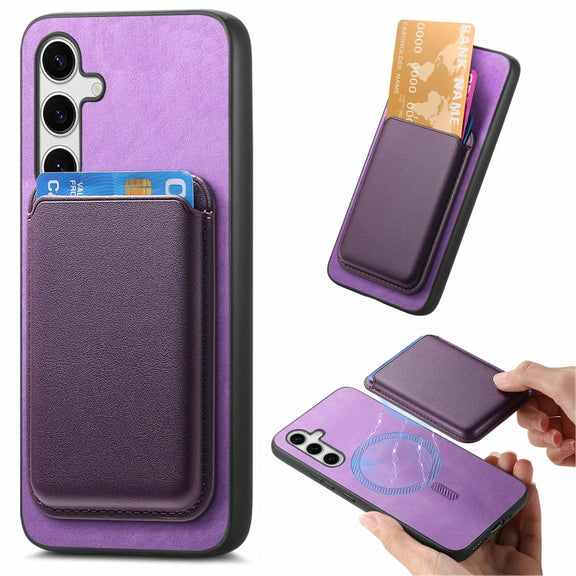 For Samsung Galaxy S25 5G Retro Magsafe Card Bag PU Back Cover Phone Case(Purple)