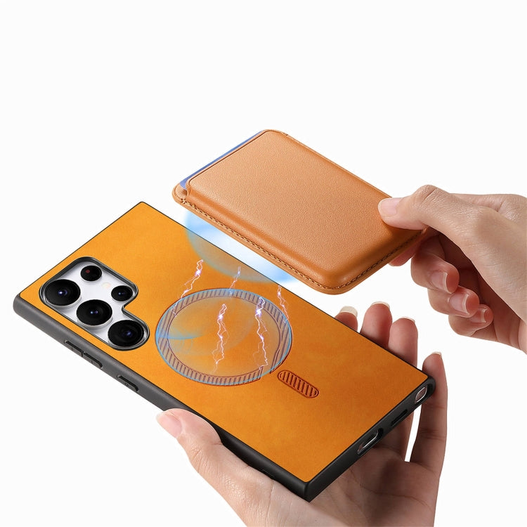 For Samsung Galaxy S25 Ultra 5G Retro Magsafe Card Bag PU Back Cover Phone Case(Yellow)