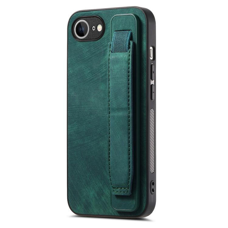 For iPhone 16e Retro Wristband Holder Leather Back Phone Case(Green)