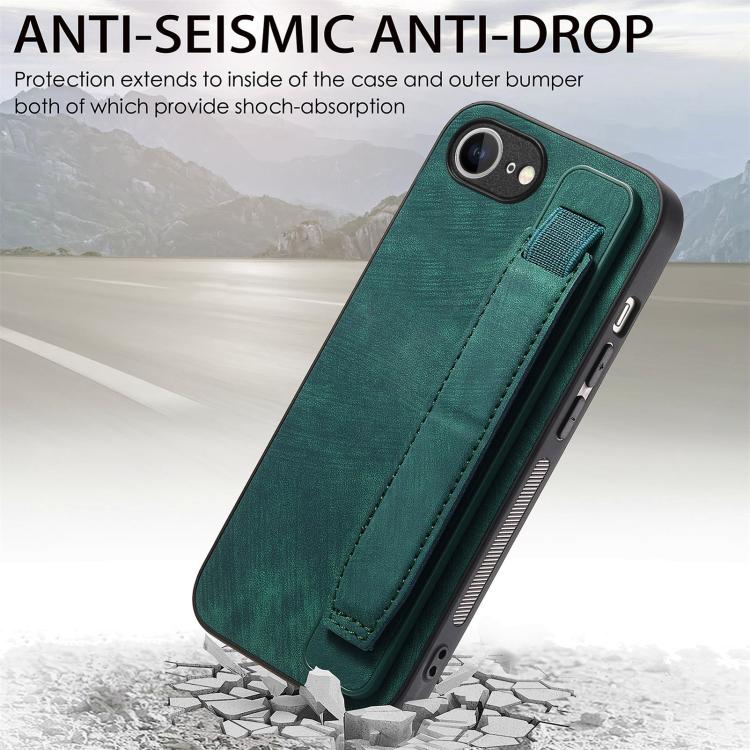 For iPhone 16e Retro Wristband Holder Leather Back Phone Case(Green)