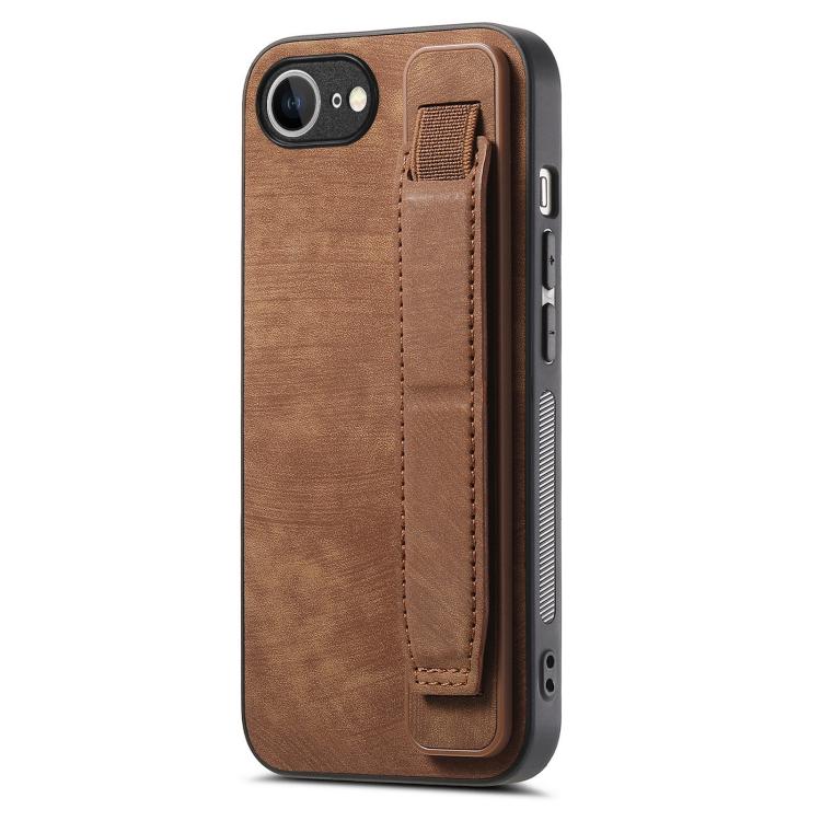 For iPhone 16e Retro Wristband Holder Leather Back Phone Case(Brown)