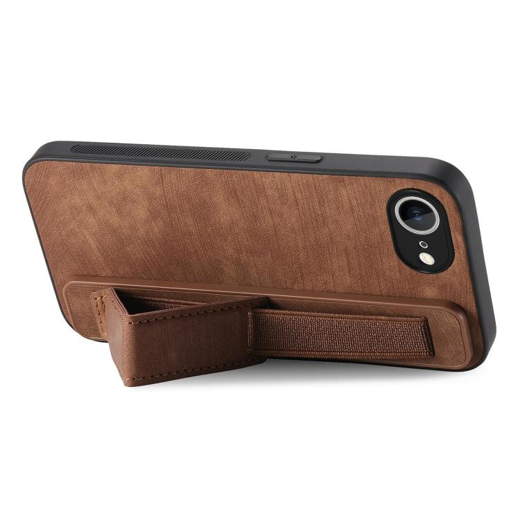 For iPhone 16e Retro Wristband Holder Leather Back Phone Case(Brown)