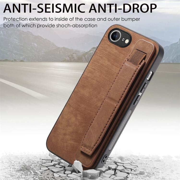 For iPhone 16e Retro Wristband Holder Leather Back Phone Case(Brown)