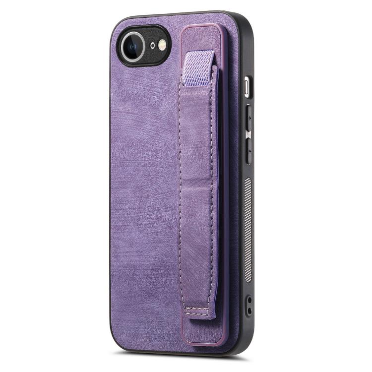 For iPhone 16e Retro Wristband Holder Leather Back Phone Case(Purple)