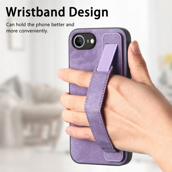 For iPhone 16e Retro Wristband Holder Leather Back Phone Case(Purple)