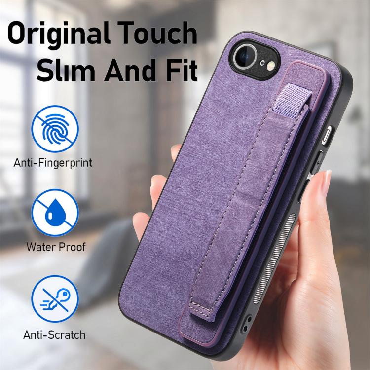 For iPhone 16e Retro Wristband Holder Leather Back Phone Case(Purple)