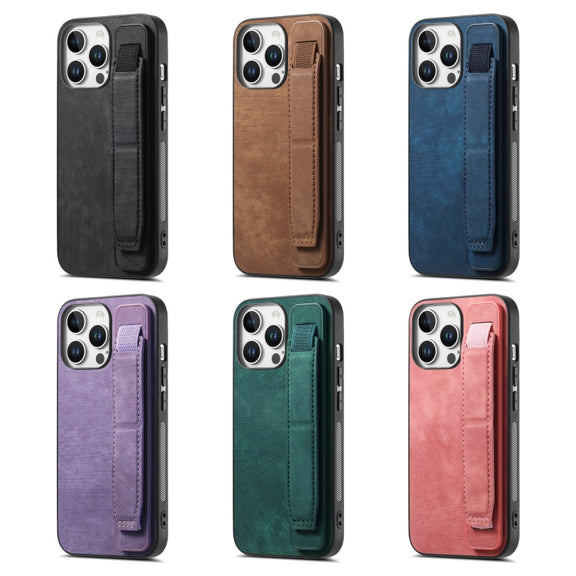 For iPhone 16e Retro Wristband Holder Leather Back Phone Case(Purple)