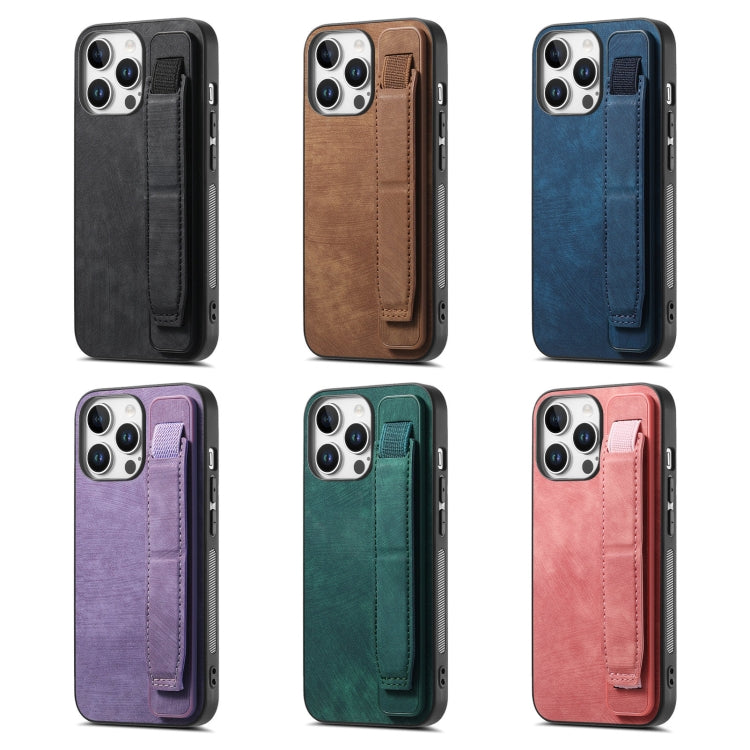 For iPhone 16e Retro Wristband Holder Leather Back Phone Case(Pink)