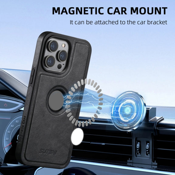 For iPhone 16 Suteni M1 Oil Wax MagSafe Detachable Horizontal Card Bag Phone Case(Black)