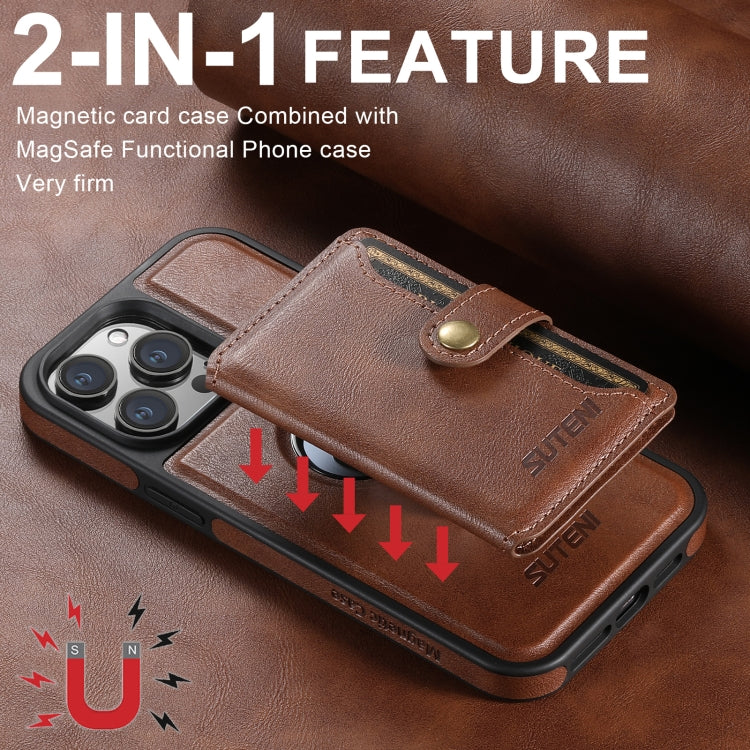 For iPhone 16 Pro Max Suteni M1 Oil Wax MagSafe Detachable Horizontal Card Bag Phone Case(Brown)