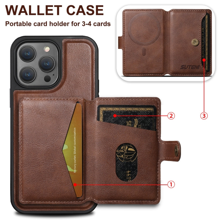For iPhone 16 Pro Max Suteni M1 Oil Wax MagSafe Detachable Horizontal Card Bag Phone Case(Brown)