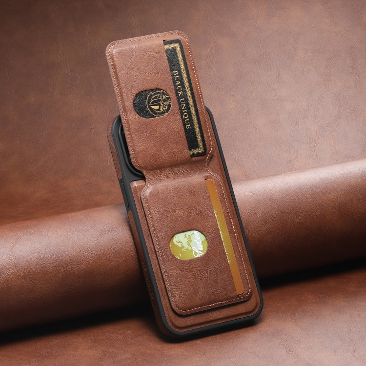 For iPhone 15 Pro Max Suteni M2 Oil Wax MagSafe Horizontal Card Bag Phone Case(Brown)