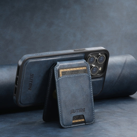 For iPhone 14 Plus Suteni M2 Oil Wax MagSafe Horizontal Card Bag Phone Case(Black)