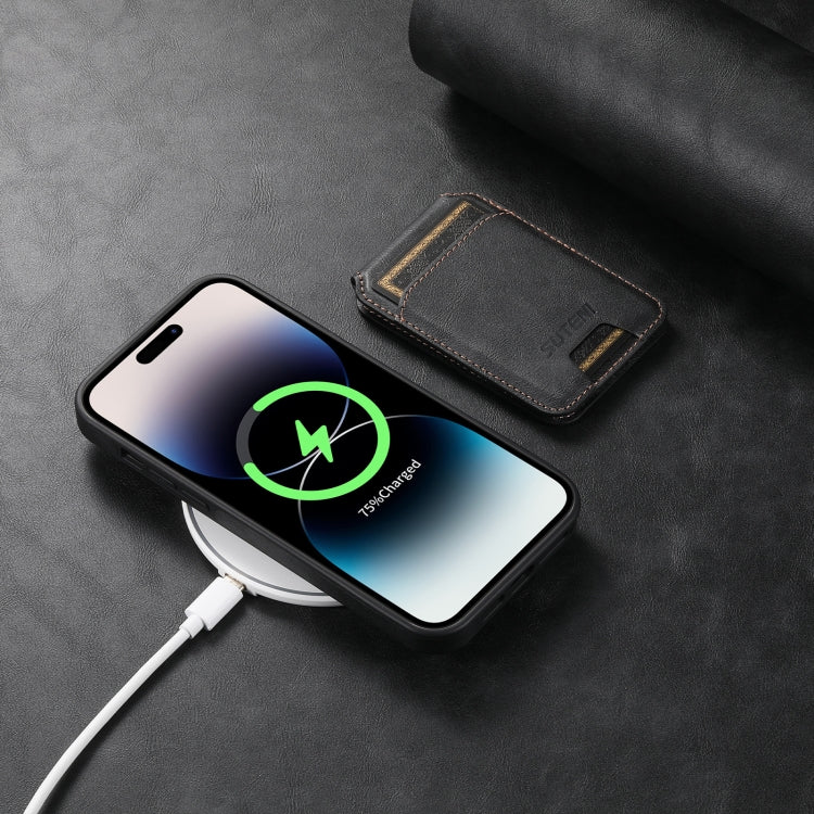 For iPhone 14 Suteni M2 Oil Wax MagSafe Horizontal Card Bag Phone Case(Black)