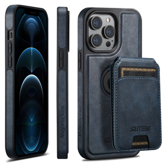For iPhone 12 Pro Max Suteni M2 Oil Wax MagSafe Horizontal Card Bag Phone Case(Blue)