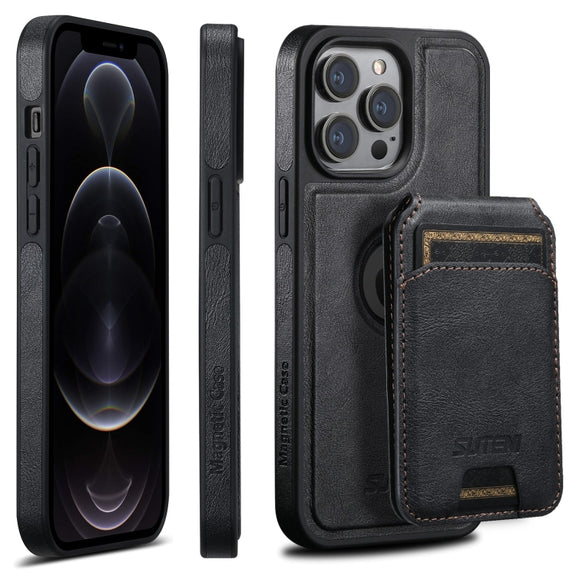 For iPhone 12 Pro Suteni M2 Oil Wax MagSafe Horizontal Card Bag Phone Case(Black)