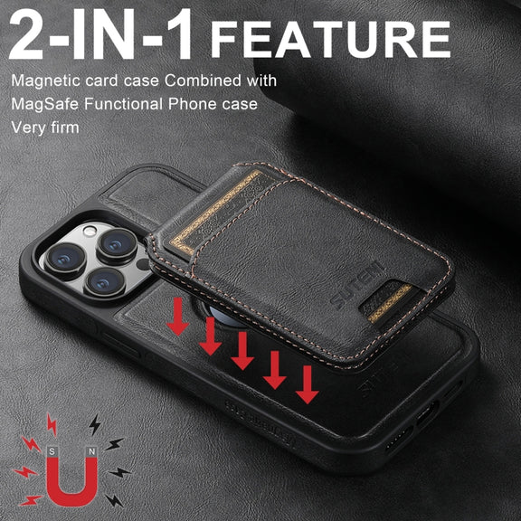 For iPhone 16 Suteni M2 Oil Wax MagSafe Horizontal Card Bag Phone Case(Black)