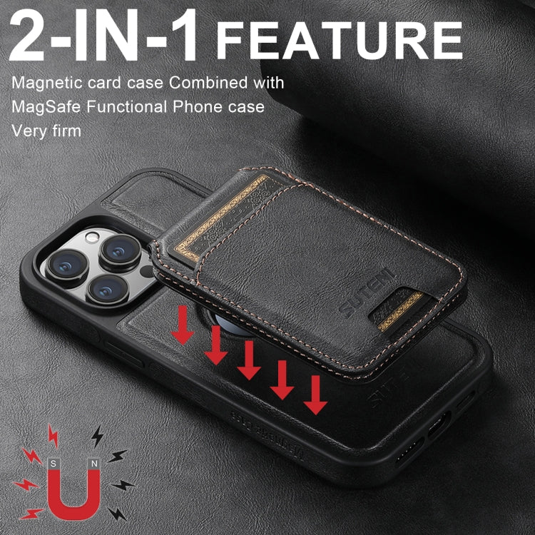 For iPhone 16 Suteni M2 Oil Wax MagSafe Horizontal Card Bag Phone Case(Black)