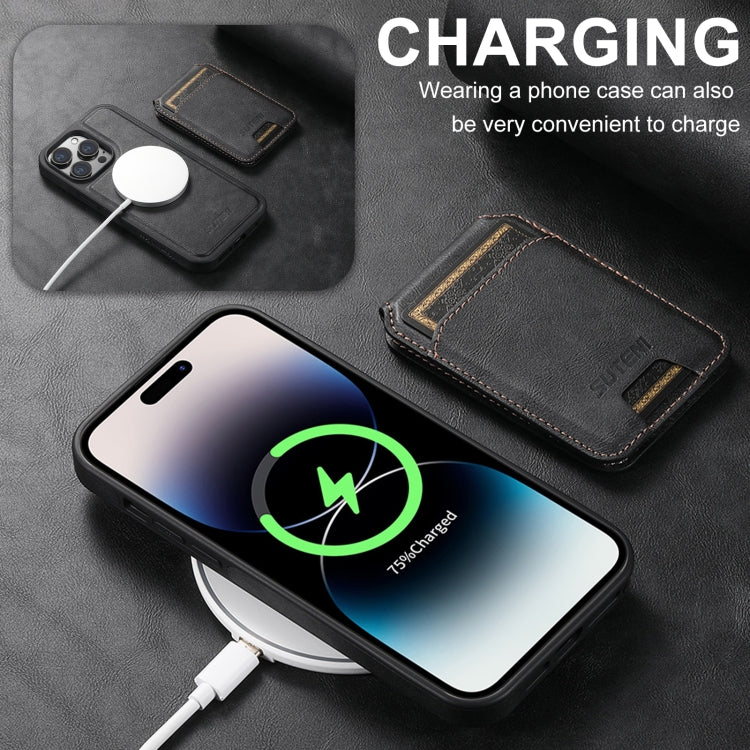 For iPhone 16 Suteni M2 Oil Wax MagSafe Horizontal Card Bag Phone Case(Black)
