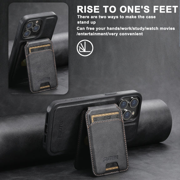 For iPhone 12  Suteni M2 Oil Wax MagSafe Horizontal Card Bag Phone Case(Black)
