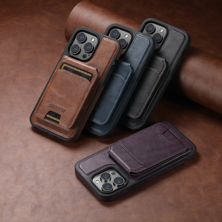 For iPhone 14 Plus Suteni M2 Oil Wax MagSafe Horizontal Card Bag Phone Case(Black)