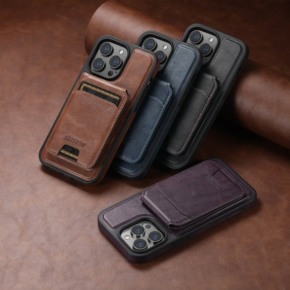 For iPhone 13 Pro Suteni M2 Oil Wax MagSafe Horizontal Card Bag Phone Case(Black)