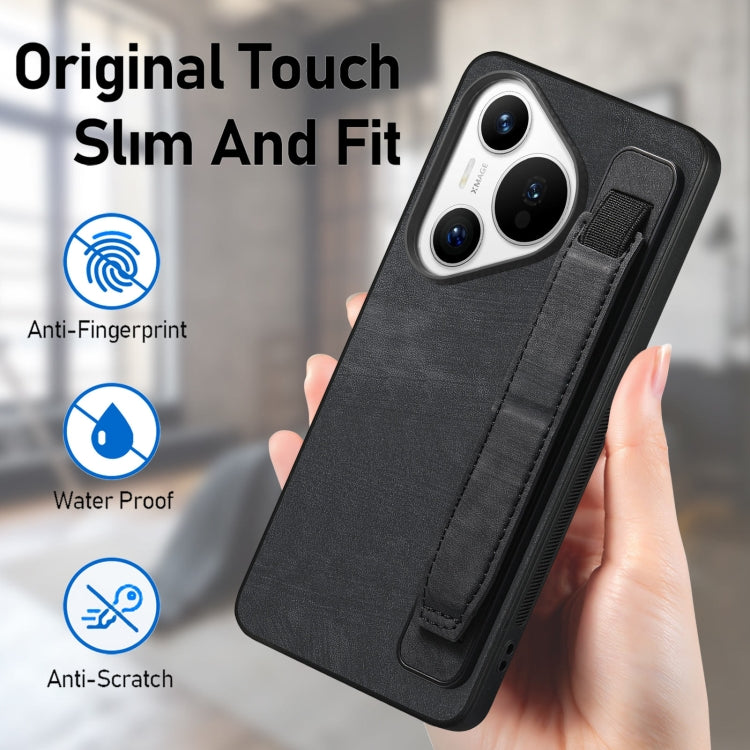 For Huawei Pura 70 Retro Wristband Holder Leather Back Phone Case(Black)