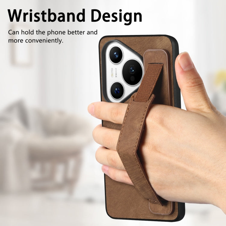 For Huawei Pura 70 Retro Wristband Holder Leather Back Phone Case(Brown)