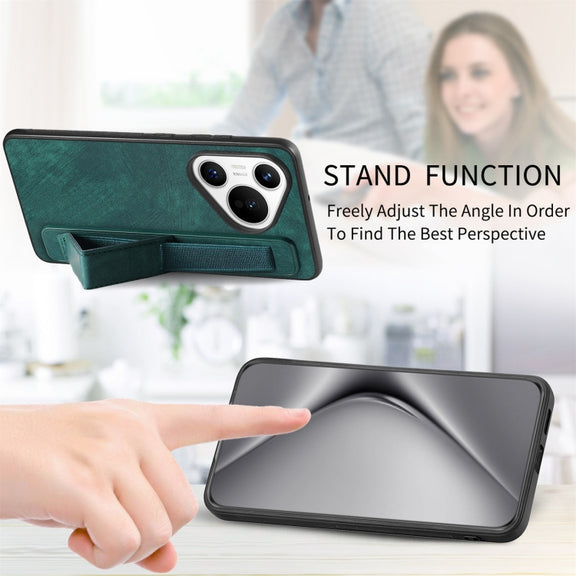 For Huawei Pura 70 Pro Retro Wristband Holder Leather Back Phone Case(Green)