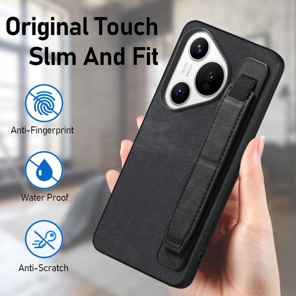 For Huawei Pura 70 Pro Retro Wristband Holder Leather Back Phone Case(Black)