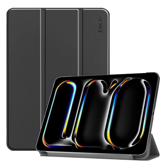 For iPad Pro 11 2024 ENKAY Tri-fold Custer Texture Platic Leather Smart Tablet Case(Black)