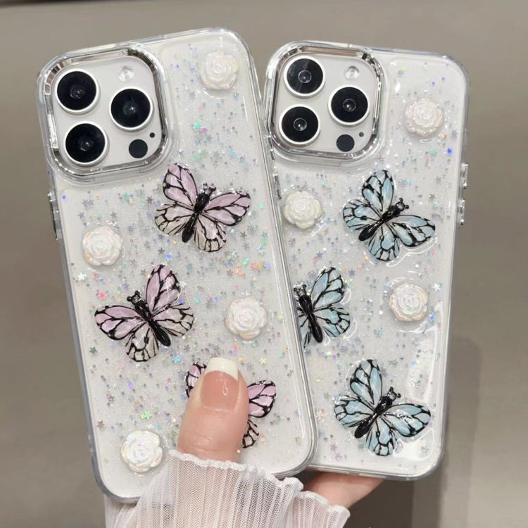 For iPhone 16 Plus Glitter 3D Butterfly TPU Phone Case(Blue)