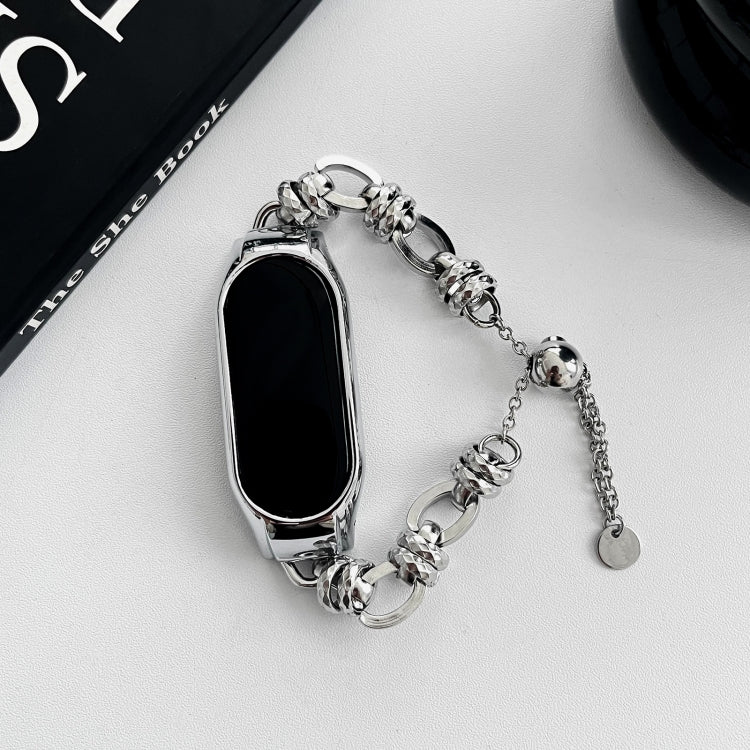For Xiaomi Mi Band 3 / 4 Beaded Bracelet Metal Watch Band(Silver+Dual Ring)