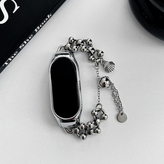 For Xiaomi Mi Band 8 Beaded Bracelet Metal Watch Band(Silver+Dual Bead)