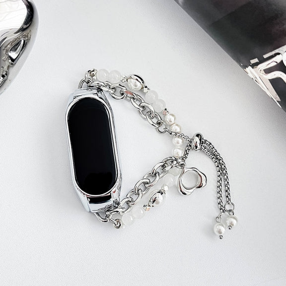 For Xiaomi Mi Band 8 Crystal Beaded Onyx Watch Band(Silver+White Pearl)