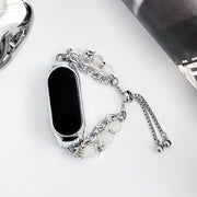 For Xiaomi Mi Band 8 Crystal Beaded Onyx Watch Band(Silver+Leopard Head)