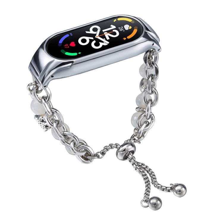 For Xiaomi Mi Band 7 Crystal Beaded Onyx Watch Band(Silver+Leopard Head)