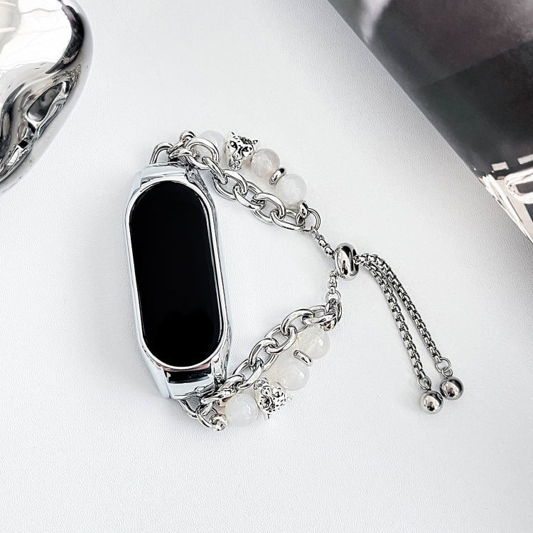 For Xiaomi Mi Band 7 Crystal Beaded Onyx Watch Band(Silver+Leopard Head)